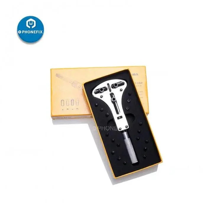 PHONEFIX 55mm watch repair wrench with 18 screws, used for opening watch back cases, part of watch repair tools kit.