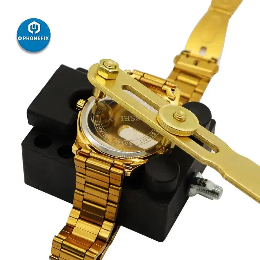 Gold two-claw screw watch back case opener tool for watchmaker repair, designed for opening watch cases safely and precisely.