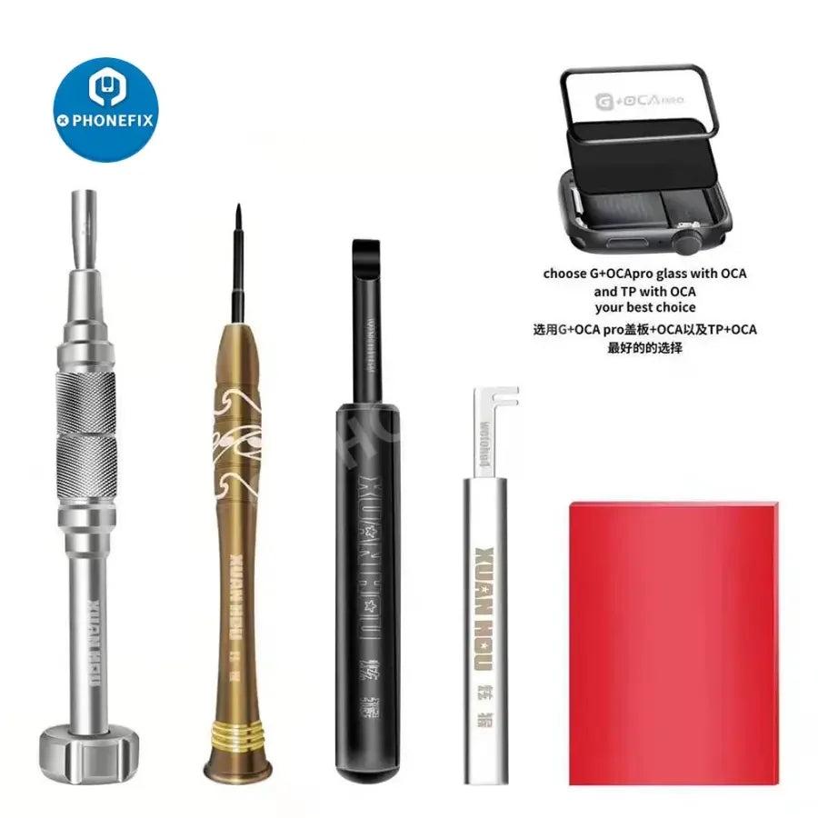 PhoneFix iW-Opener Kit for Apple Watch disassembly, includes watch repair tools and screwdriver set for opening and repair.