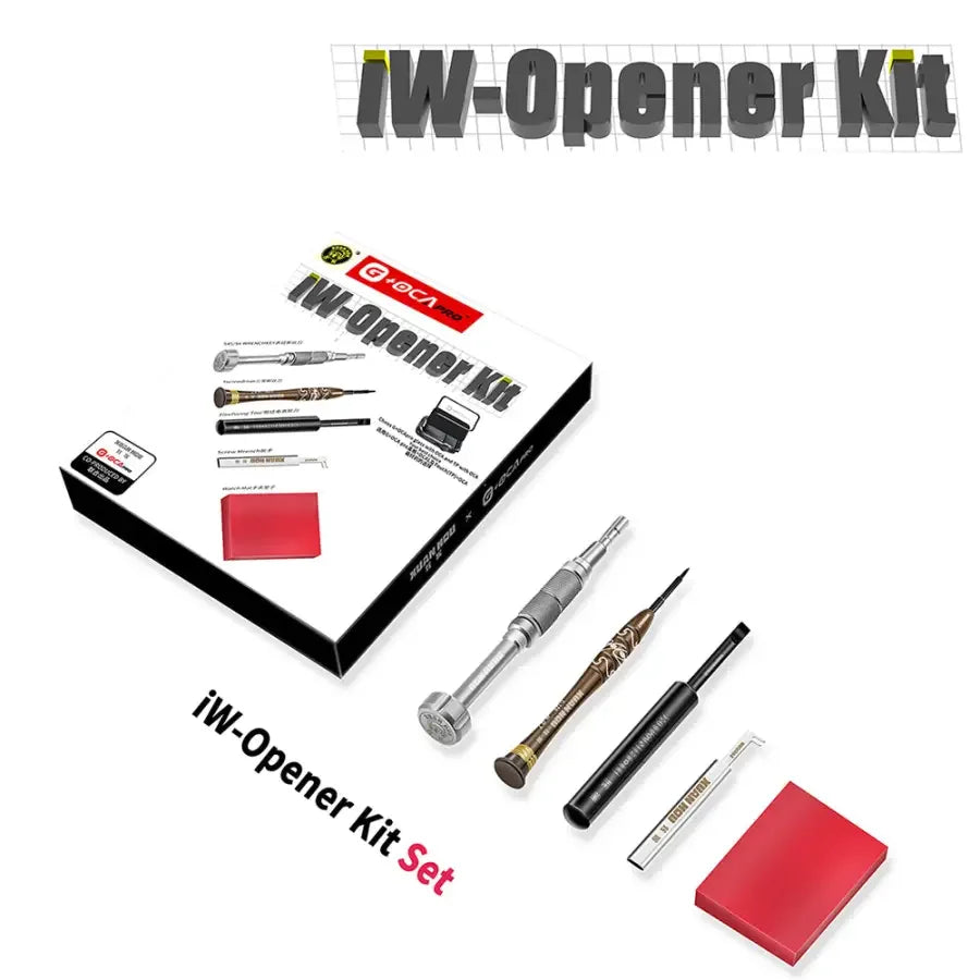 PHONEFIX iW-Opener Kit for Apple Watch disassembly, includes watch repair tools and screwdriver set for opening and repair.