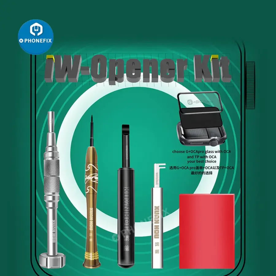 PhoneFix iW-Opener Kit for Apple Watch disassembly, includes opening tools and screwdrivers for watch repair.