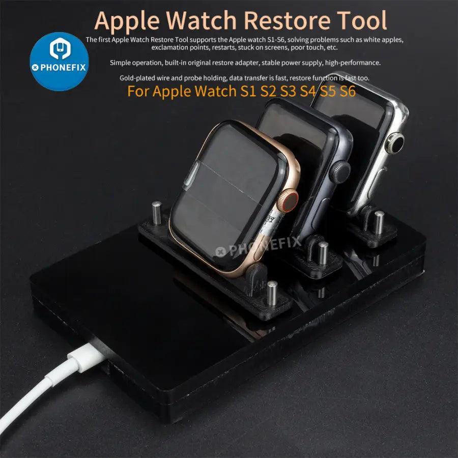 Apple Watch restore tool with iBus adapter for iWatch S1, S2, S4, S5, S6 by PHONEFIX, showing the repair tool and adapter.