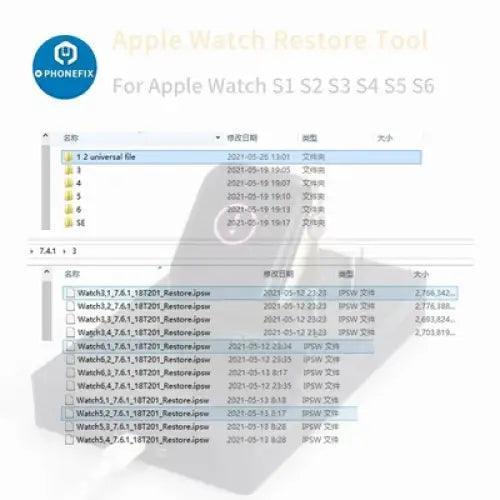 PHONEFIX AWRT 3rd Gen Apple Watch Restore Tool for S1 to S6 models, used for watch repair and device restoration.