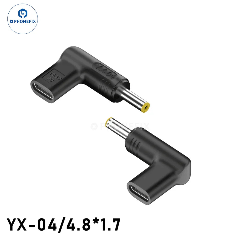 PHONEFIX 100W USB Type-C female to DC male converter for PD laptop fast charging, shown connected to a device.