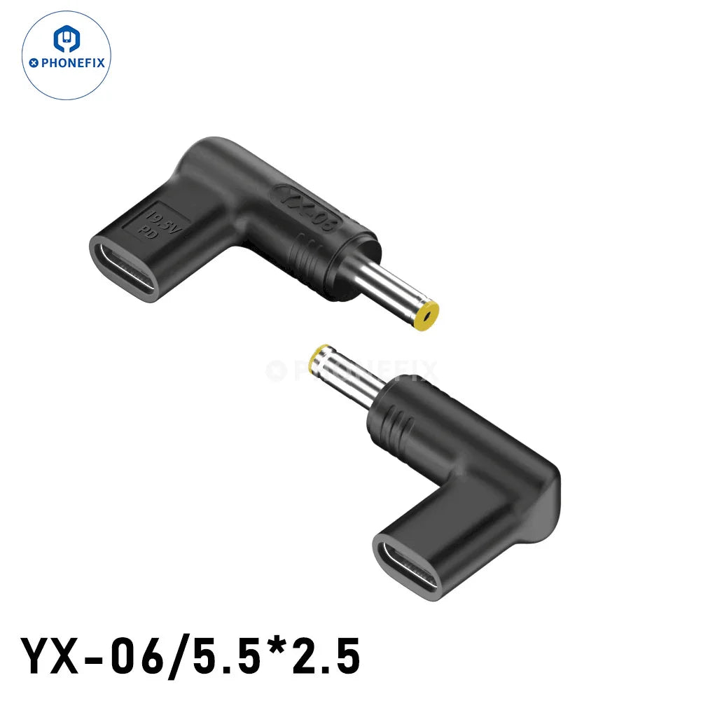 USB Type-C female to DC male converter for PD laptops, PHONEFIX 100W fast charging cable connection.