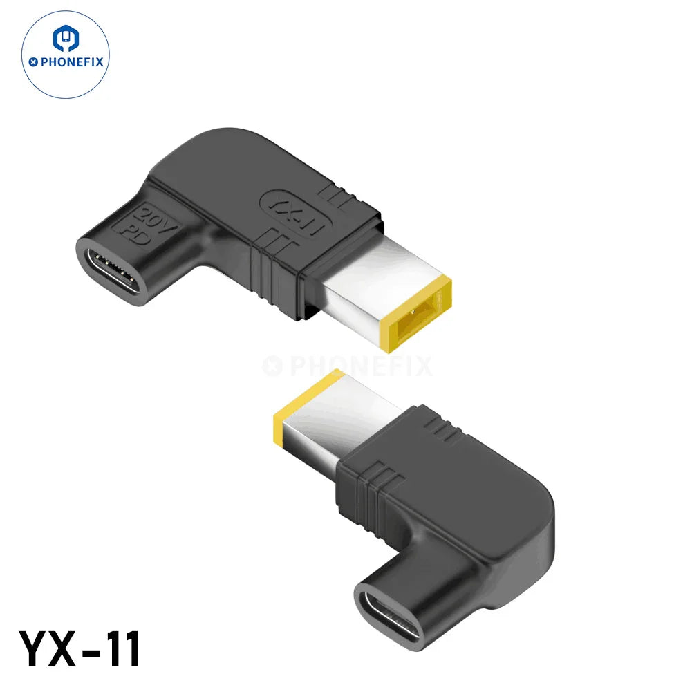 PHONEFIX 100W USB Type-C female to DC male converter for PD laptops, shown connected with charging cable for fast power delivery.