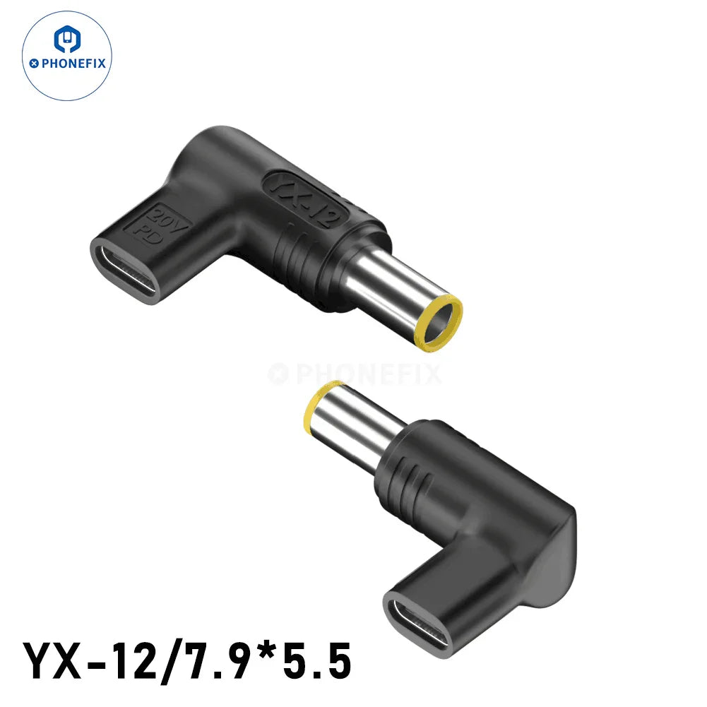 USB Type-C female to DC male converter for PD laptops, PHONEFIX 100W fast charging cable for electronic devices.