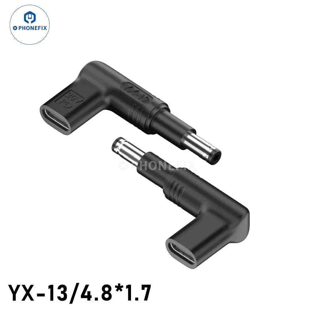 PHONEFIX 100W USB Type-C female to DC male converter for PD laptop fast charging, showing the compact connector design.
