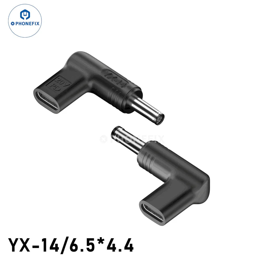 PHONEFIX 100W USB Type-C female to DC male converter for PD laptops, showing the compact connector and cable for fast charging.