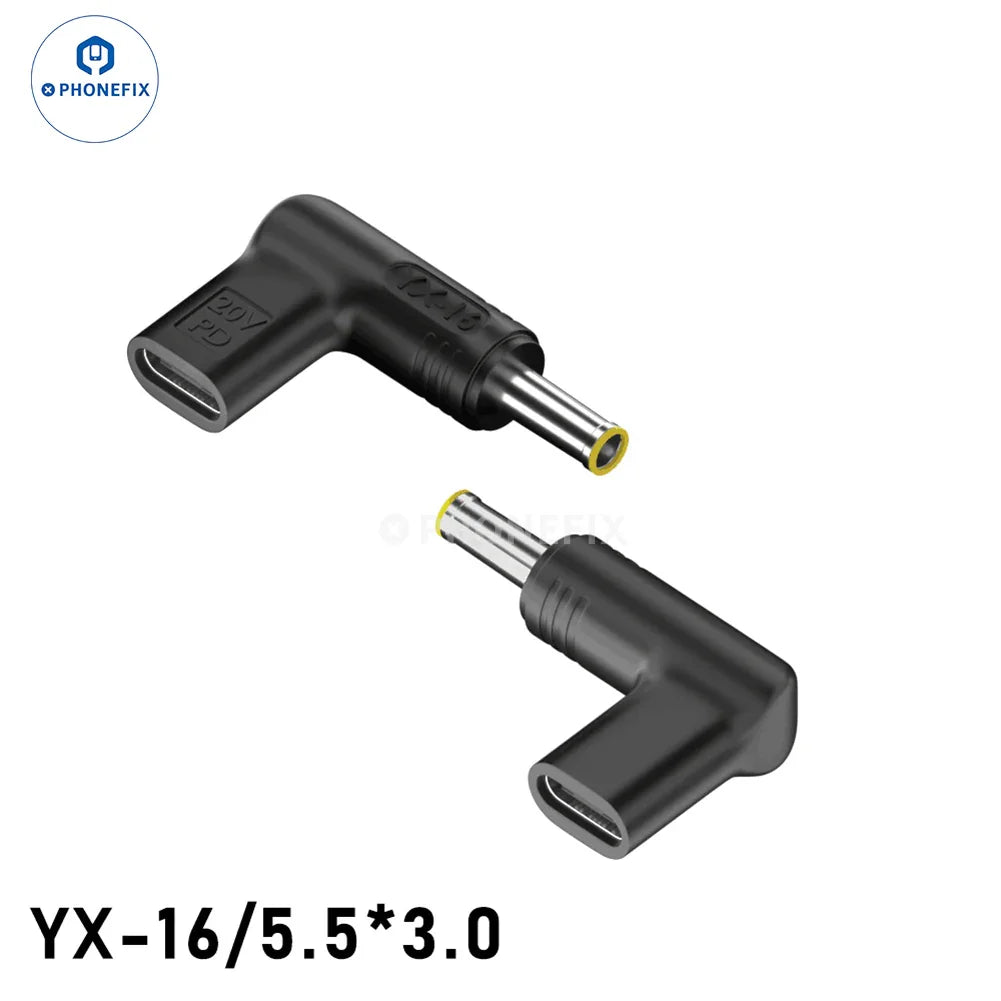 PHONEFIX 100W USB Type-C Female to DC Male converter for PD laptop fast charging, shown connected to a device.