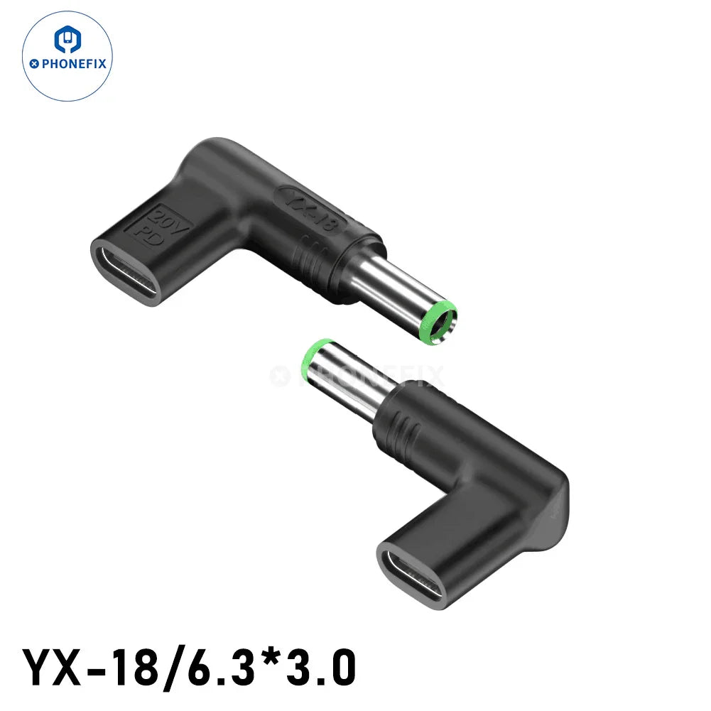 PHONEFIX 100W USB Type-C female to DC male converter for PD laptops, showing the compact connector for fast charging.