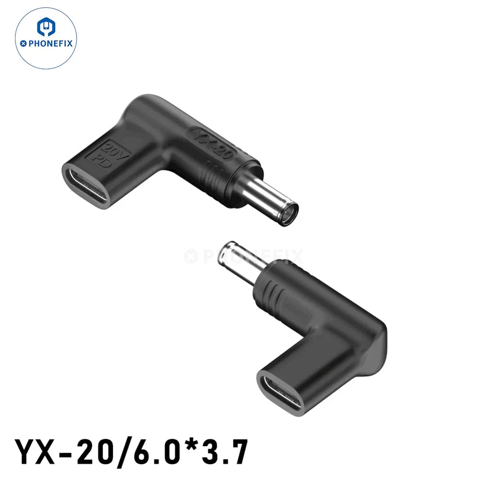 Phonefix 100W USB Type-C female to DC male converter for PD laptop fast charging, showing the adapter connected to a device.