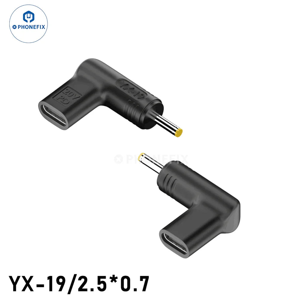 PHONEFIX 100W USB Type-C female to DC male converter for PD laptops, showing the compact connector and cable connection.