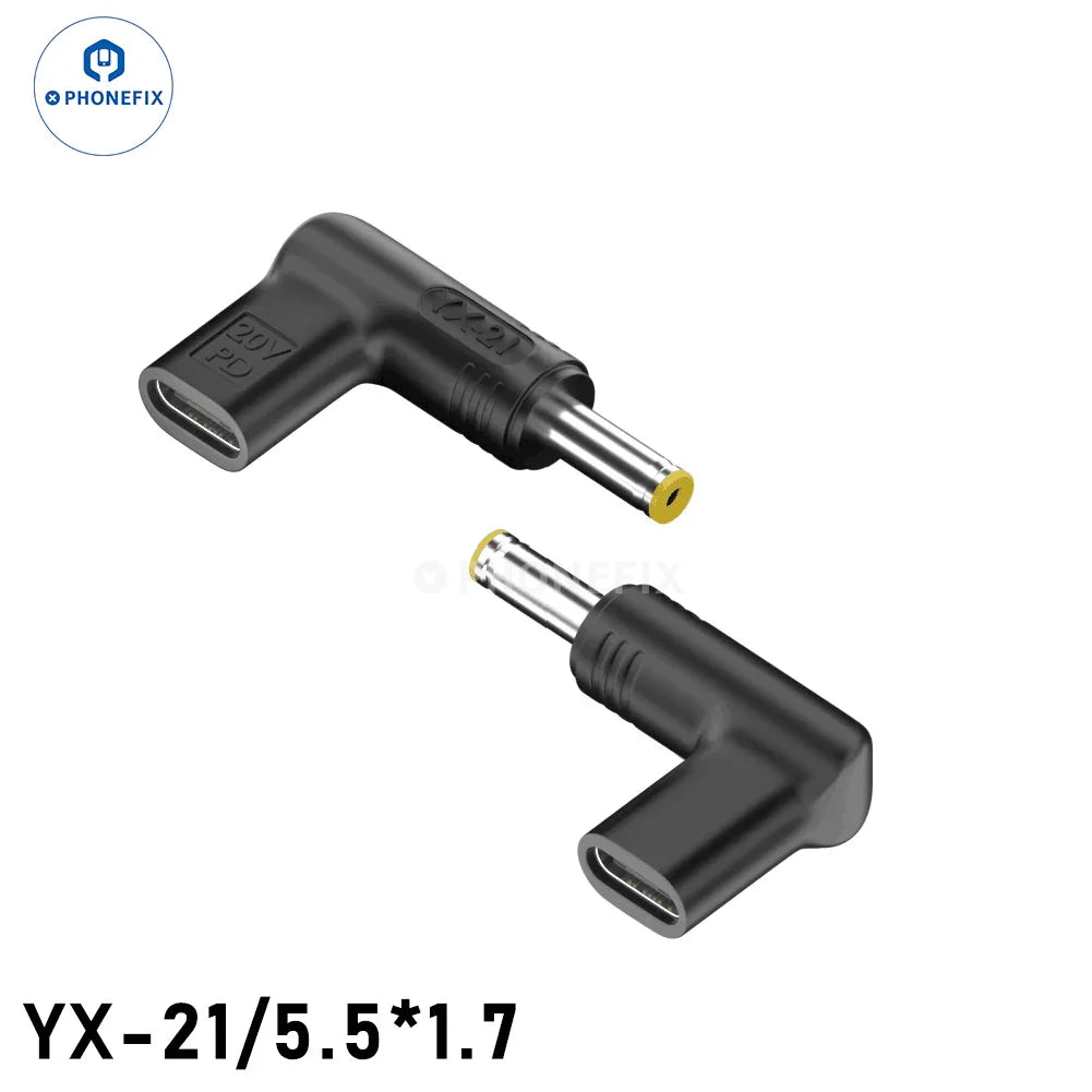 PHONEFIX 100W USB Type-C female to DC male converter for PD laptops, enabling fast charging and versatile power connections.