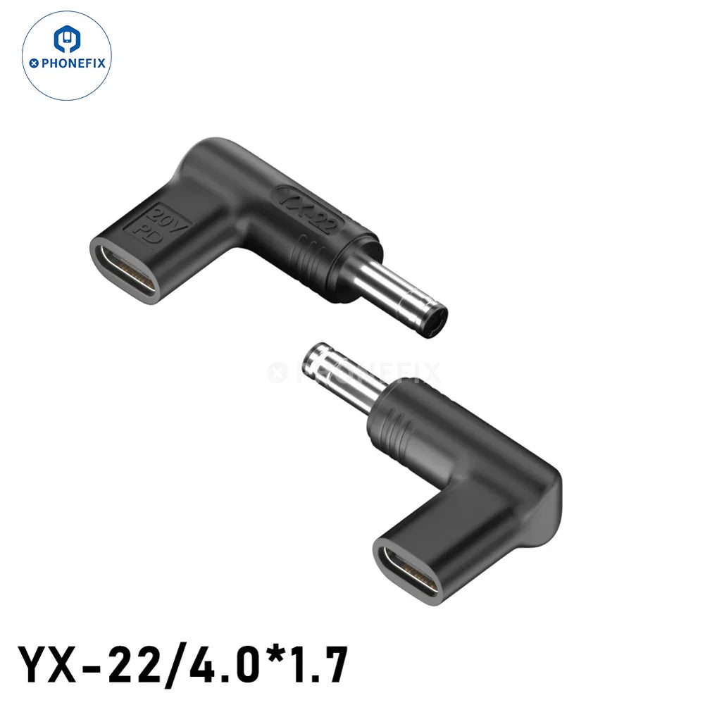 PHONEFIX 100W USB Type-C female to DC male converter for PD laptop fast charging, showing the connector and cable details.