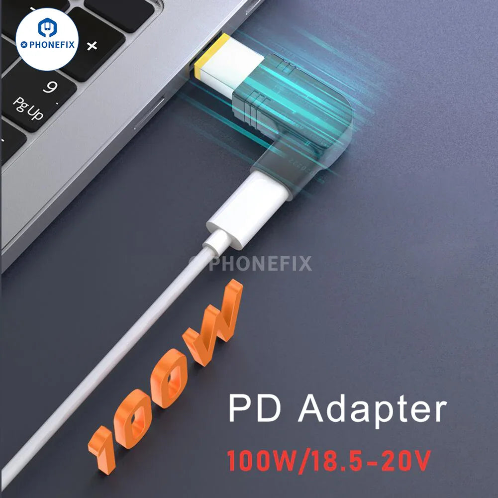 PHONEFIX 100W USB Type-C Female to DC Male converter for PD laptops, showing the compact connector and cable for fast charging.