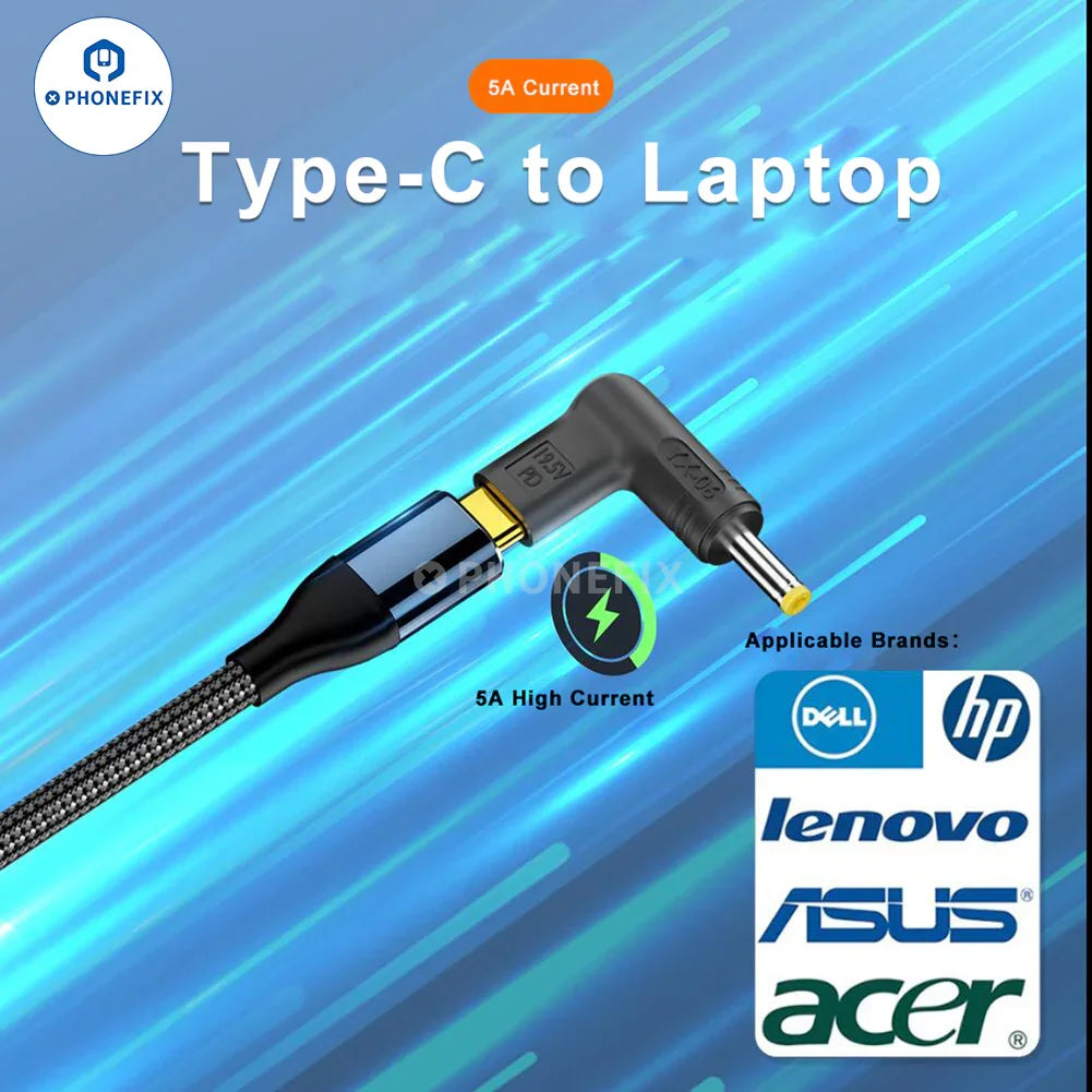 PHONEFIX 100W USB-C female to DC male converter for PD laptop fast charging, showing the compact connector and port.