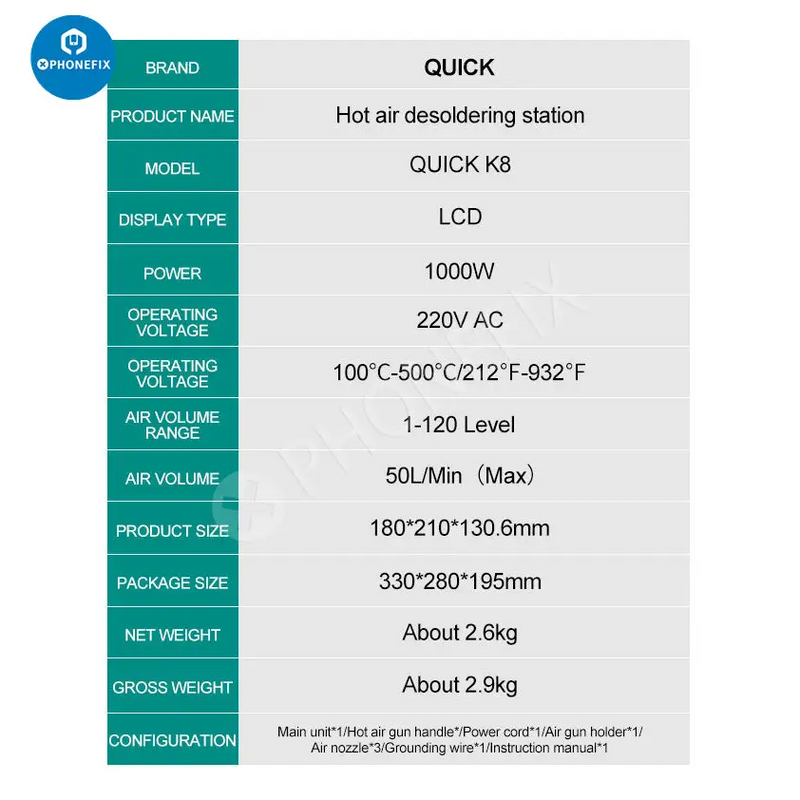 Quick K8 1000W Lead-free Smart Hot Air Desoldering Rework