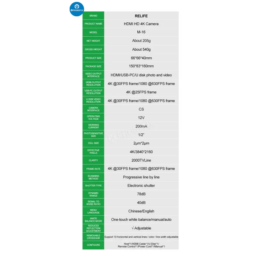Relife M-16 4K 30fps HDMI Electronic Industrial Microscope