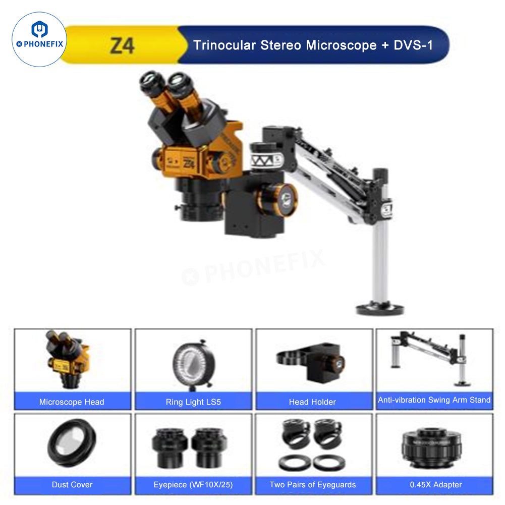 Mechanical robot Z4 6.5X-60X trinocular stereo microscope by PHONEFIX, with adjustable eyepieces and ergonomic design.