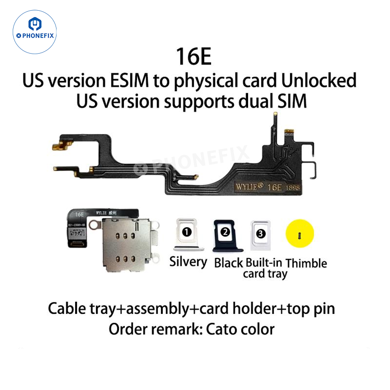 WYLIE iPhone 14-17 eSIM to 2 SIM MEP kit by PHONEFIX, supporting DB UltraSnow IC, shown with dual SIM adapters and tools.