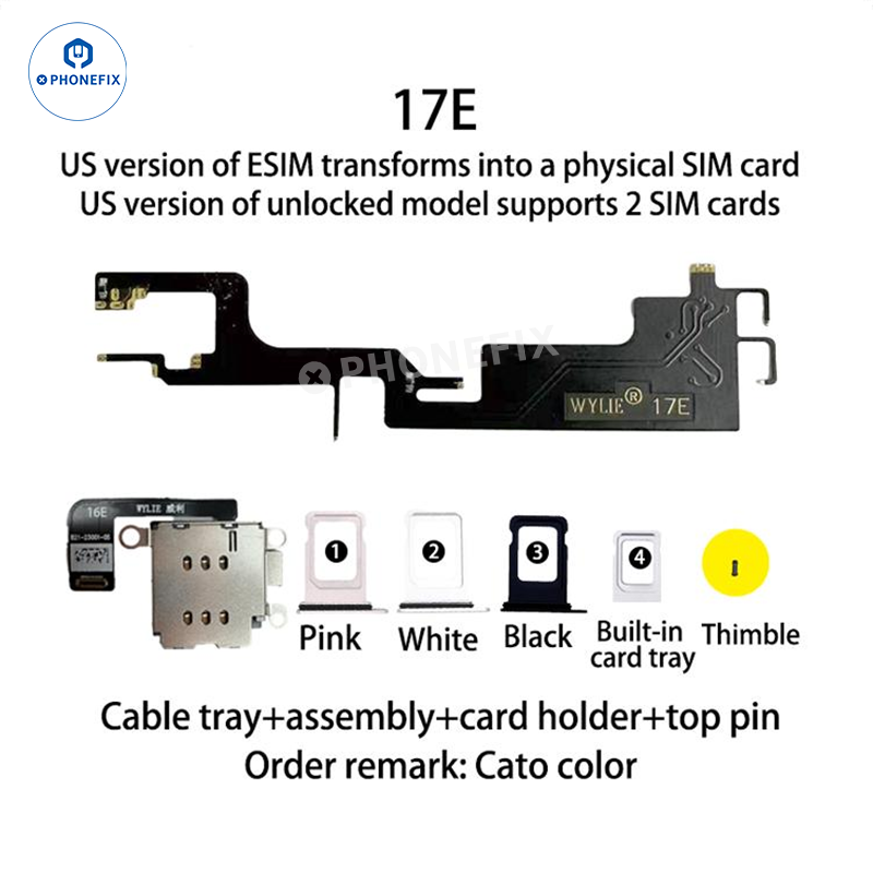 WYLIE iPhone 14-17 eSIM to 2 SIM MEP kit with dual IC support, compatible with PHONEFIX accessories for iPhone models.