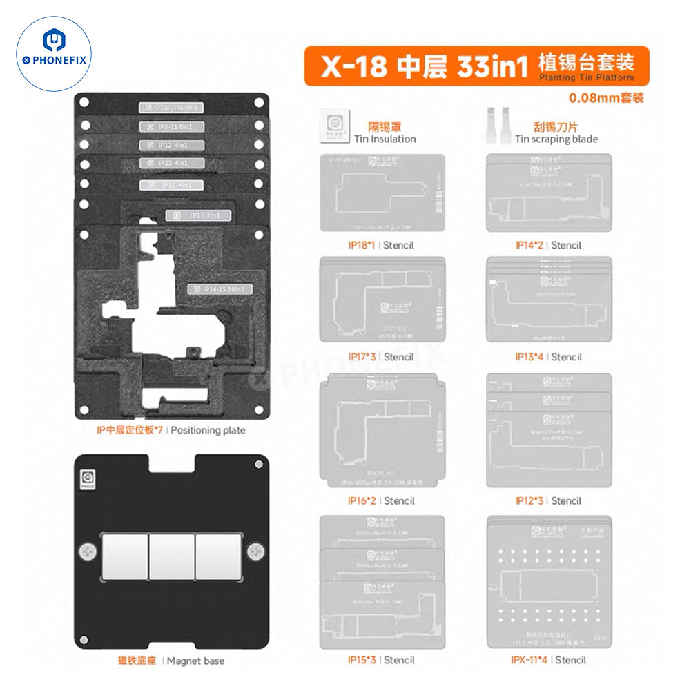 PHONEFIX Amaoe 31-in-1 BGA reballing stencil kit for iPhone X-18 series, featuring multiple stencil sizes for reballing repairs.