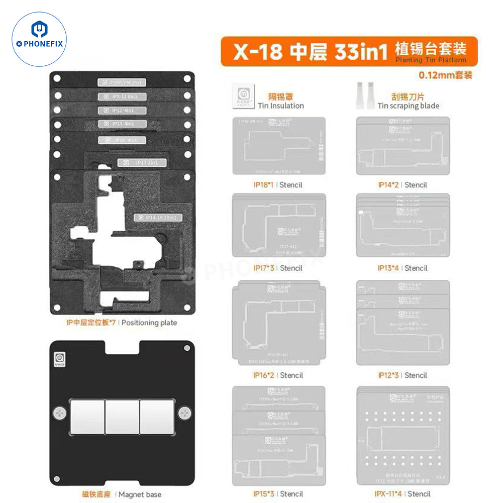 PHONEFIX Amaoe 31-in-1 BGA reballing stencil kit for iPhone X-18 series, featuring multiple stencil sizes for reballing repairs.