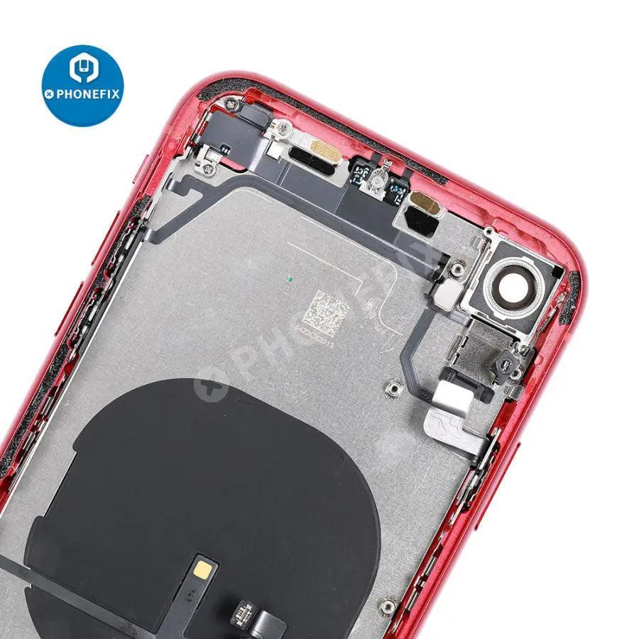 Red PHONEFIX back cover full assembly replacement for iPhone XR, showing original glass back with precise fit and finish.