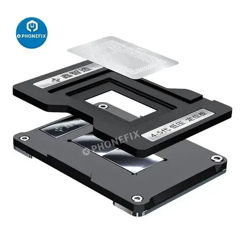 XinZhiZao BGA Reballing Stencil Kit for MacBook CPU chips repair by PHONEFIX, showing the stencil layout and tools.