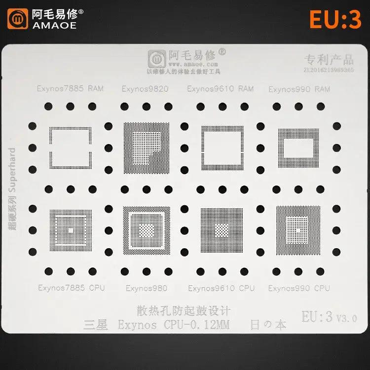 Amaoe BGA reballing stencil for Samsung Exynos EU1, EU2, EU3 chips, used for phone repair by PHONEFIX.