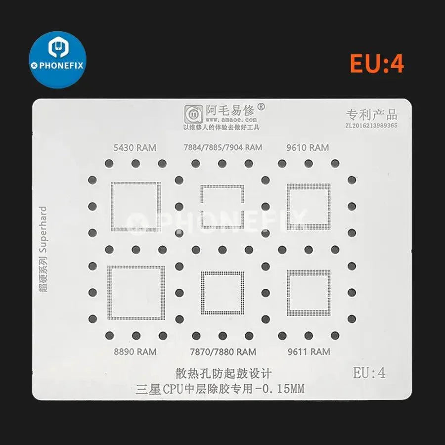 Amaoe BGA Reballing Stencil for Samsung Exynos EU1, EU2, EU3 chips, used for phone repair by PHONEFIX.