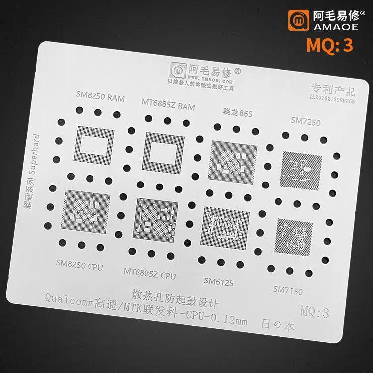 Amaoe BGA reballing stencil for Qualcomm and MTK CPUs, used for reworking mobile device circuit boards, by PHONEFIX.
