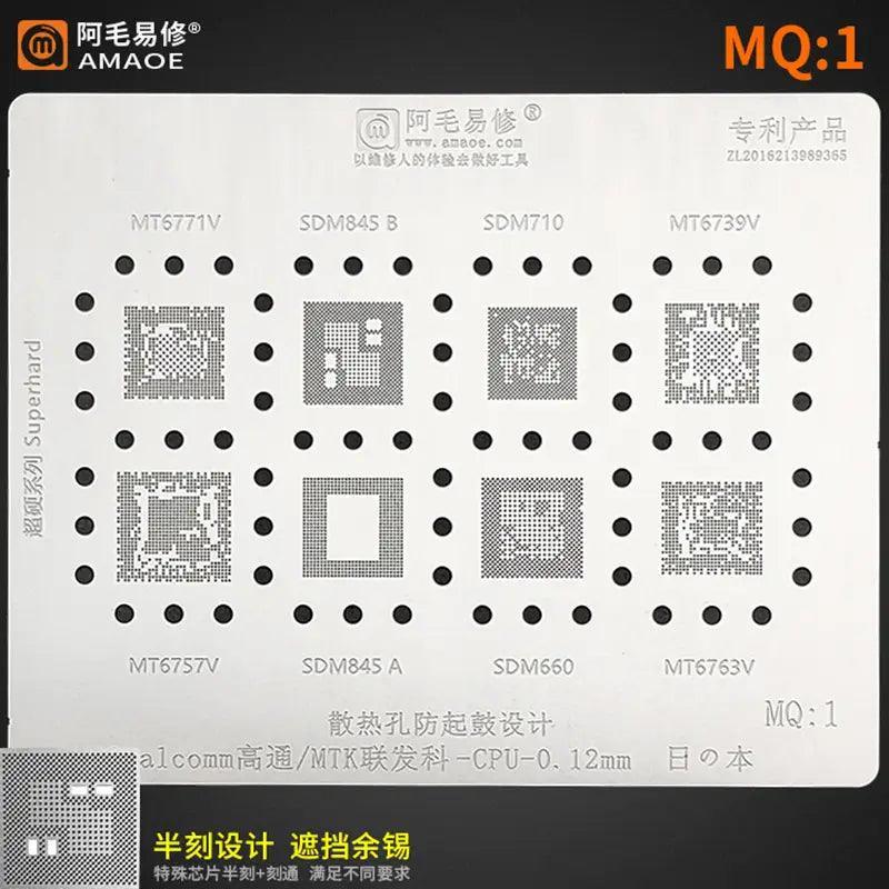 Amaoe BGA Reballing Stencil for Qualcomm and MTK CPUs by PHONEFIX, featuring multiple MQ sizes for phone repair.