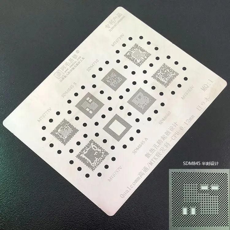 Amaoe BGA Reballing Stencil for Qualcomm and MTK CPUs by PHONEFIX, used for reworking mobile device circuit boards.