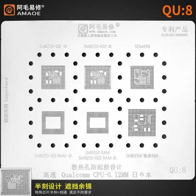 Amaoe BGA reballing stencil for Qualcomm CPU QU1-QU8, 0.12mm, used for reworking Qualcomm mobile device chips.
