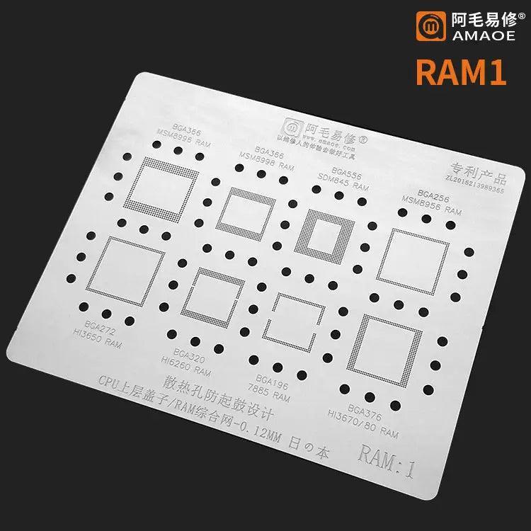 Amaoe BGA Reballing Stencil for CPU cover and RAM modules, used for precise reballing of BGA chips in electronic repairs.