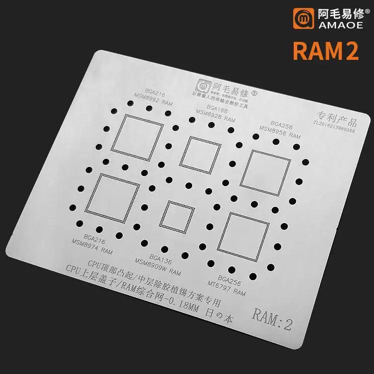 Amaoe BGA Reballing Stencil for CPU cover, RAM1 and RAM2, designed by PHONEFIX for precise reballing repairs.