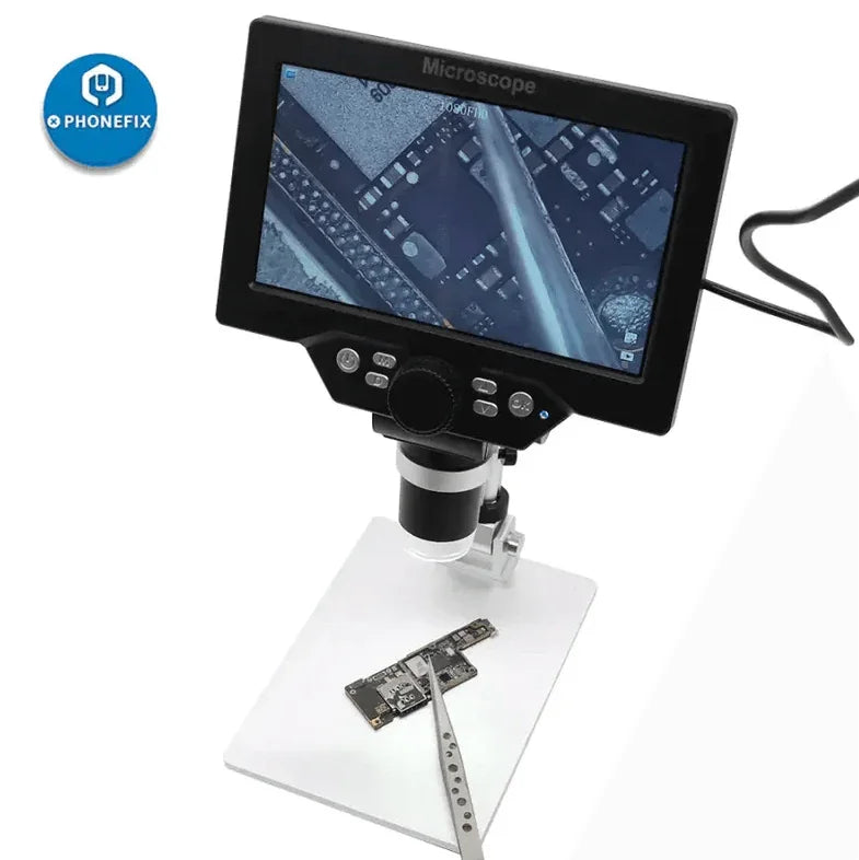 PHONEFIX DM9 1200X 12MP USB digital microscope with 7-inch display screen, showing detailed close-up view of a sample.