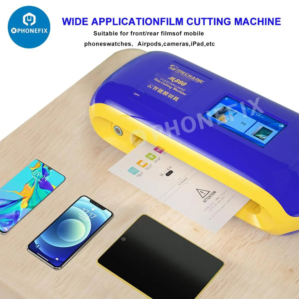 PhoneFix E210 film cutting machine for screen protectors, compact device with cutting blade for precise film trimming.