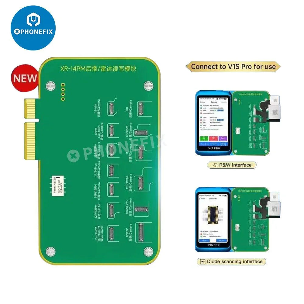 JCID V1S PRO phone programmer with multifunction iPhone repair module by PHONEFIX, showing the device and repair interface.