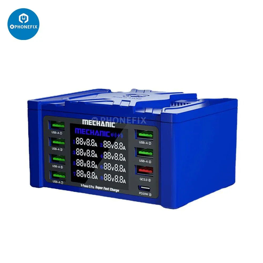 PHONEFIX Mechanic Wireless QC3.0 charging dock with 8 USB ports and LCD display for fast phone charging.