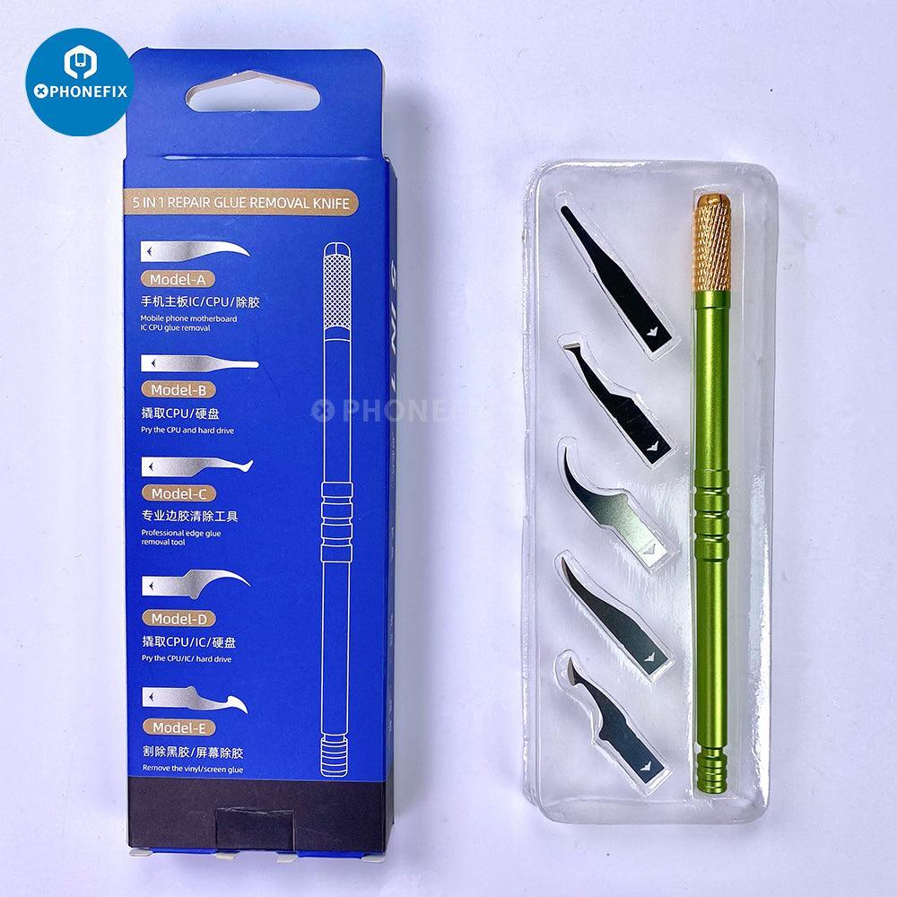 PHONEFIX MaAnt 4-in-1 motherboard CPU IC glue removal knife set with precision tweezers and tools for electronic repairs.